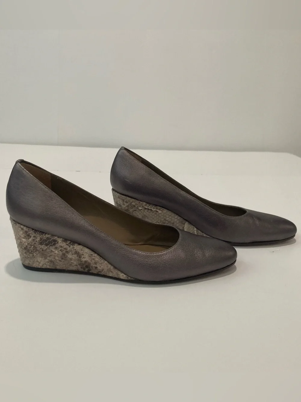 Anyi Lu Metallic Reptile Wedge Pump Heels EU 37.5 Genuine Leather Made In Italy